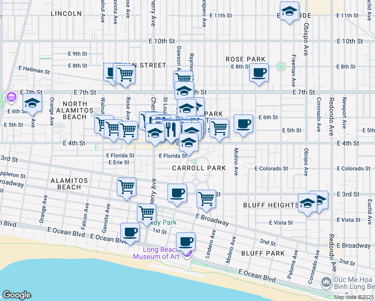 map of restaurants, bars, coffee shops, grocery stores, and more near 2151 East Florida Street in Long Beach