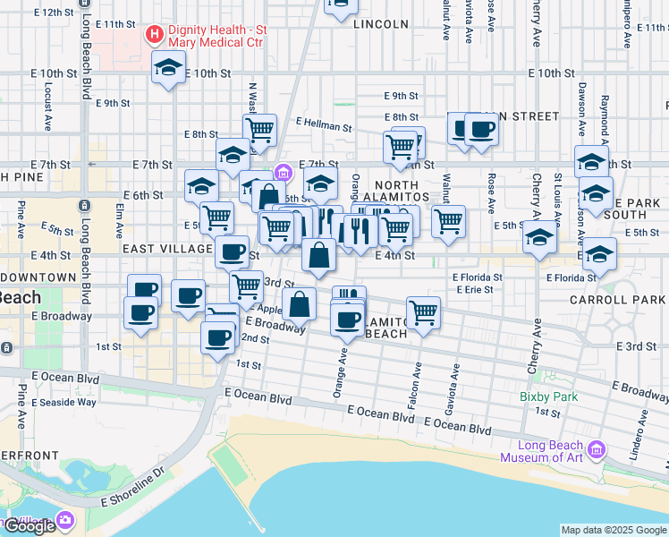 map of restaurants, bars, coffee shops, grocery stores, and more near 1129 East 3rd Street in Long Beach