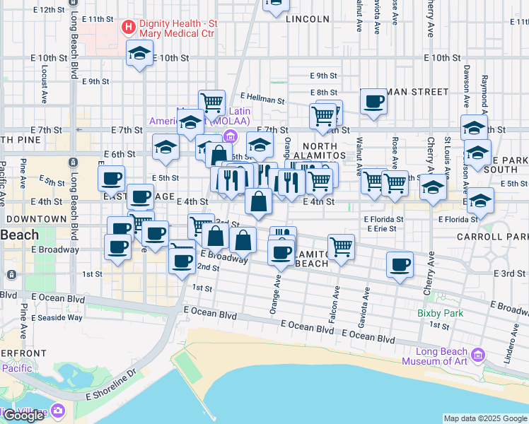 map of restaurants, bars, coffee shops, grocery stores, and more near 1129 East 3rd Street in Long Beach