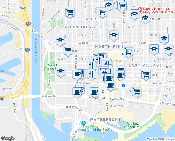 map of restaurants, bars, coffee shops, grocery stores, and more near 07 West Roble Way in Long Beach