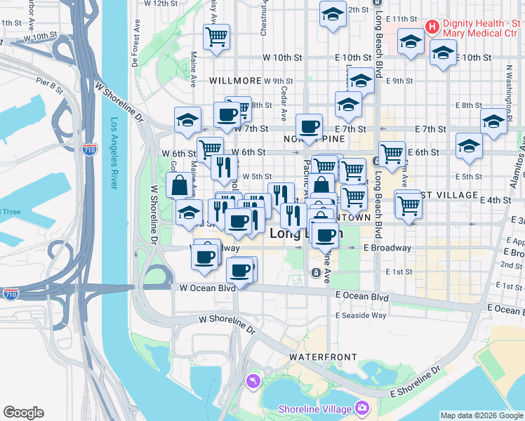 map of restaurants, bars, coffee shops, grocery stores, and more near in Long Beach
