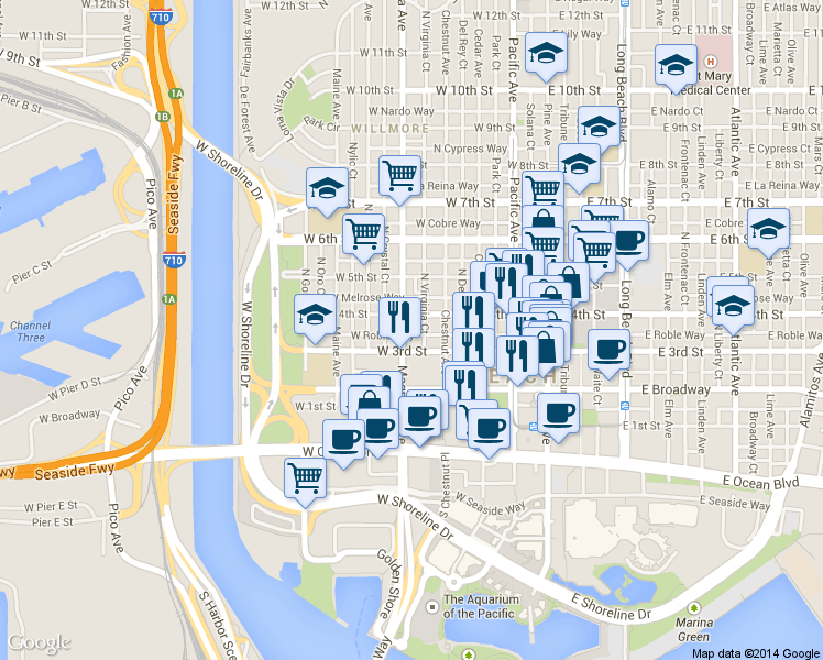 map of restaurants, bars, coffee shops, grocery stores, and more near 322 North Virginia Court in Long Beach