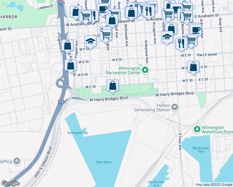map of restaurants, bars, coffee shops, grocery stores, and more near 207 North Wilmington Boulevard in Los Angeles