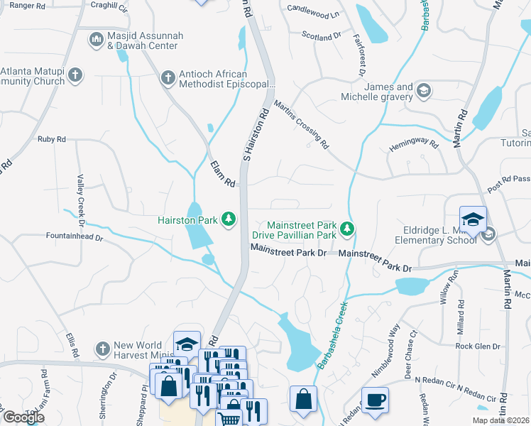 map of restaurants, bars, coffee shops, grocery stores, and more near 795 Arbor Hill Drive in Stone Mountain