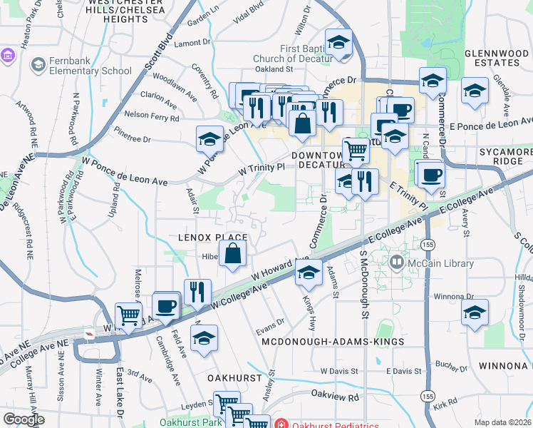 map of restaurants, bars, coffee shops, grocery stores, and more near 105 Mary Gay Court in Decatur