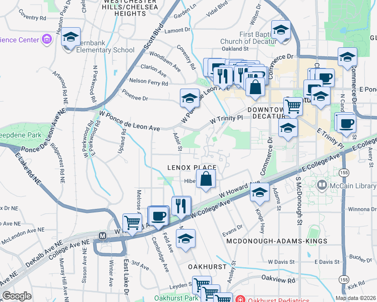 map of restaurants, bars, coffee shops, grocery stores, and more near 307 Adair Street in Decatur