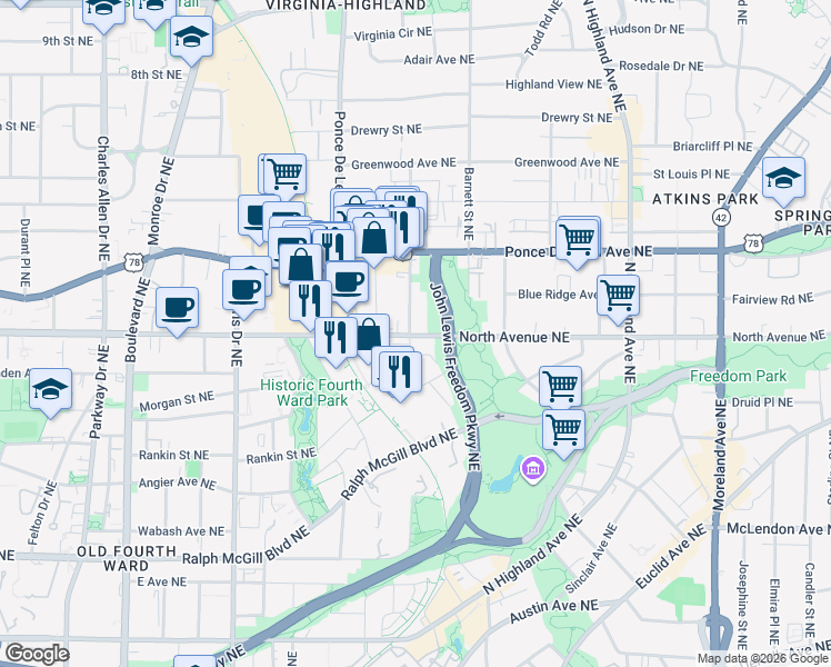 map of restaurants, bars, coffee shops, grocery stores, and more near 613 Bonaventure Avenue Northeast in Atlanta