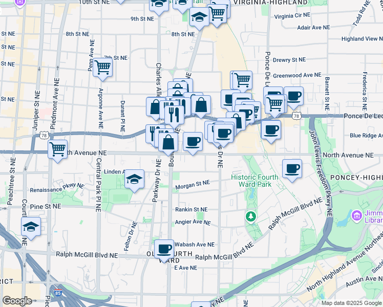 map of restaurants, bars, coffee shops, grocery stores, and more near 625 Kennesaw Avenue Northeast in Atlanta