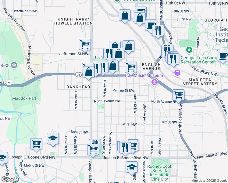 map of restaurants, bars, coffee shops, grocery stores, and more near in Atlanta