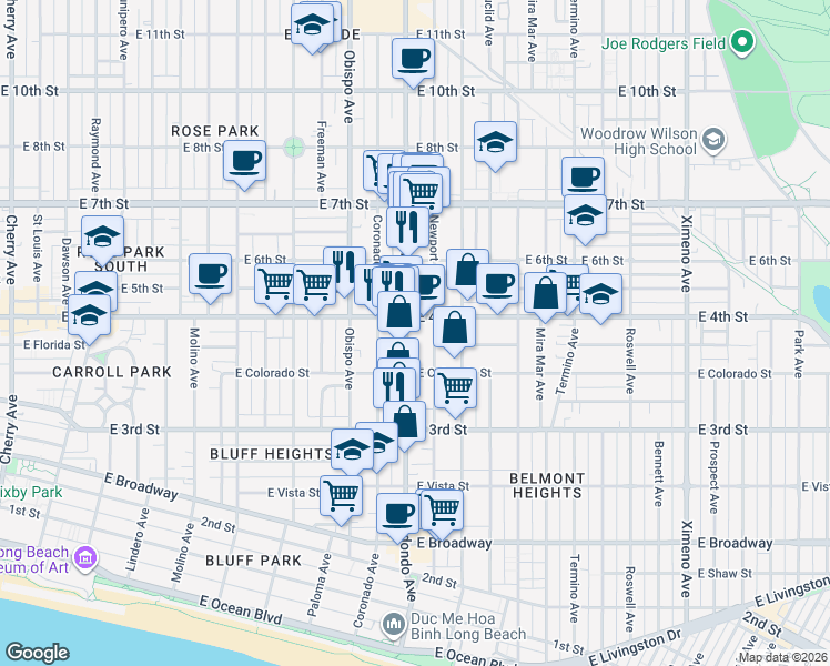 map of restaurants, bars, coffee shops, grocery stores, and more near 384 Redondo Avenue in Long Beach