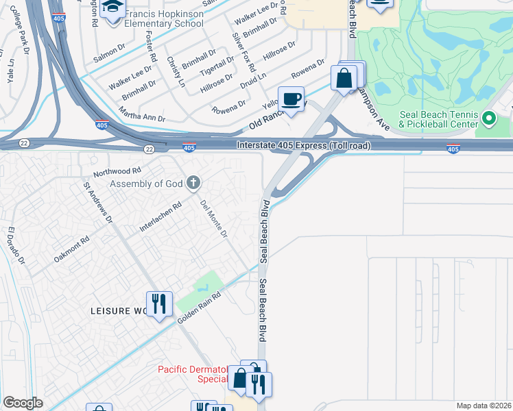 map of restaurants, bars, coffee shops, grocery stores, and more near 1920 McKinney Way in Seal Beach