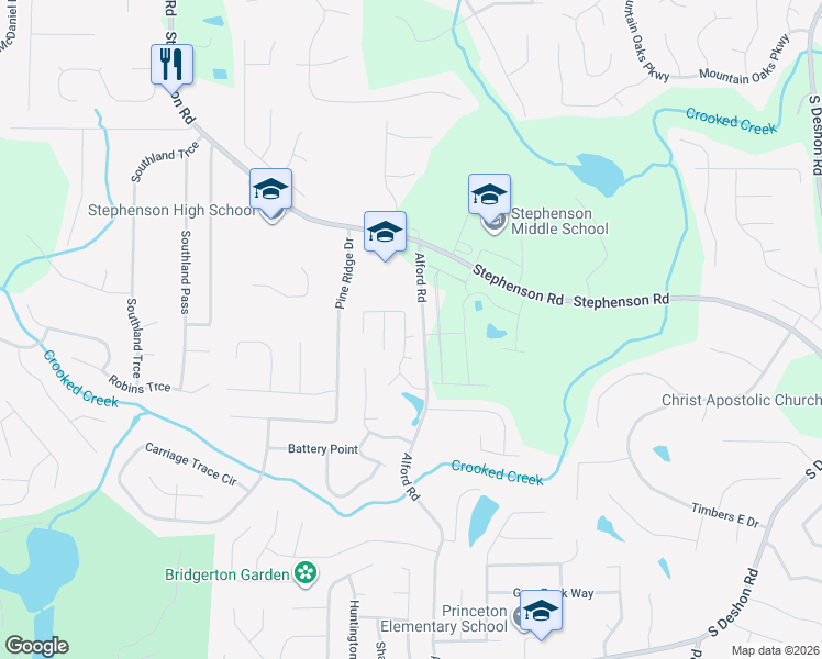 map of restaurants, bars, coffee shops, grocery stores, and more near 6598 Anson Court in Stone Mountain