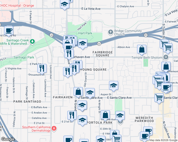 map of restaurants, bars, coffee shops, grocery stores, and more near 1410 Grovemont Street in Santa Ana