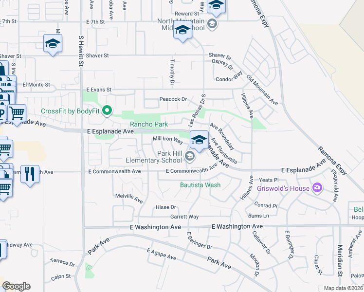 map of restaurants, bars, coffee shops, grocery stores, and more near 1074 Mill Iron Way in San Jacinto