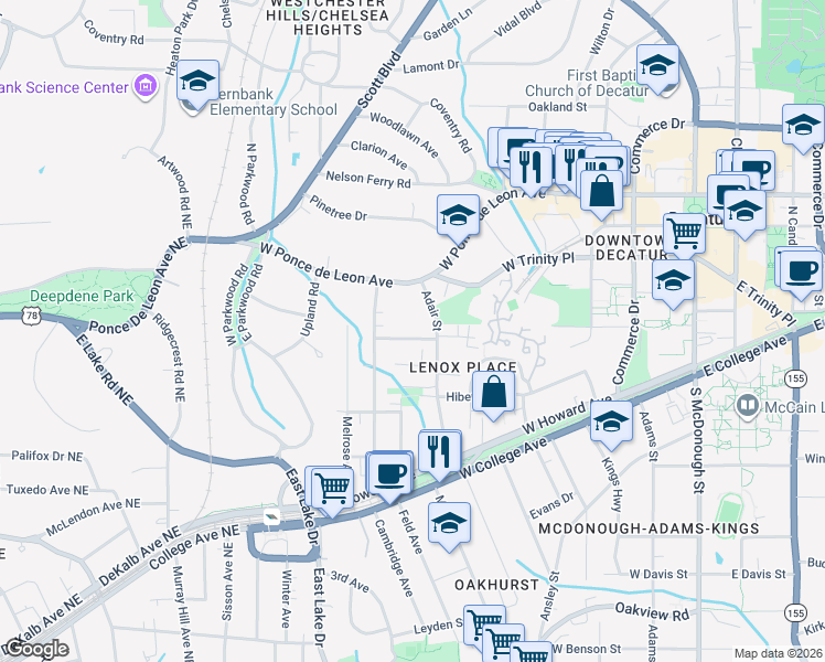 map of restaurants, bars, coffee shops, grocery stores, and more near 121 Emerson Avenue in Decatur