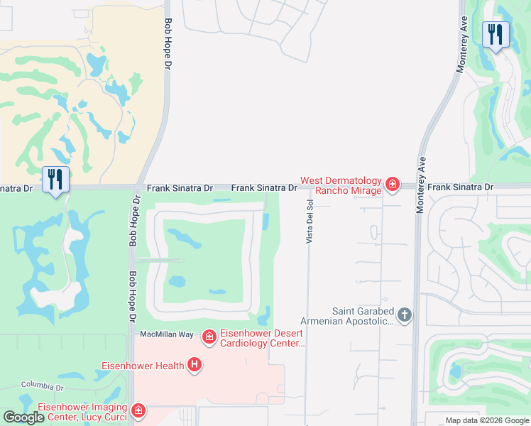 map of restaurants, bars, coffee shops, grocery stores, and more near 121 North Kavenish Drive in Rancho Mirage