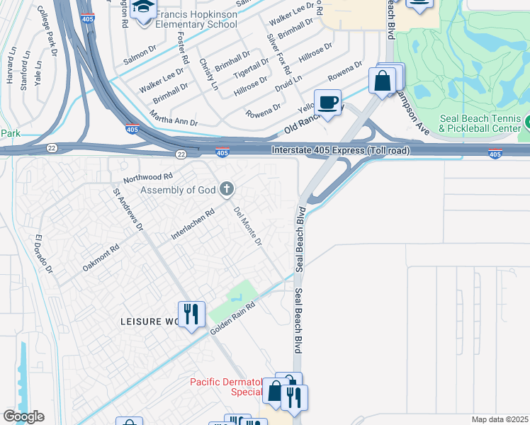 map of restaurants, bars, coffee shops, grocery stores, and more near 1891 McKinney Way in Seal Beach