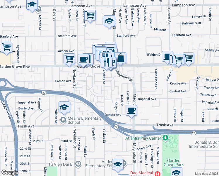 map of restaurants, bars, coffee shops, grocery stores, and more near 13162 Yockey Street in Garden Grove