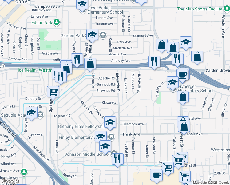 map of restaurants, bars, coffee shops, grocery stores, and more near 6441 Iroquois Road in Westminster