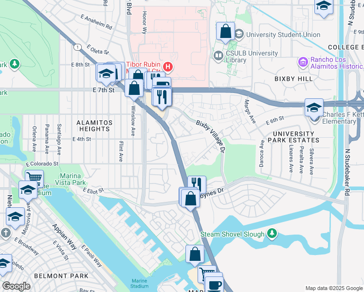 map of restaurants, bars, coffee shops, grocery stores, and more near PCH in Long Beach