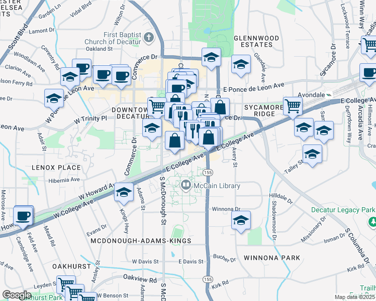 map of restaurants, bars, coffee shops, grocery stores, and more near 220 East Howard Avenue in Decatur