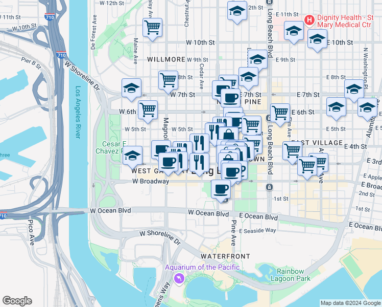 map of restaurants, bars, coffee shops, grocery stores, and more near 330 Chestnut Avenue in Long Beach