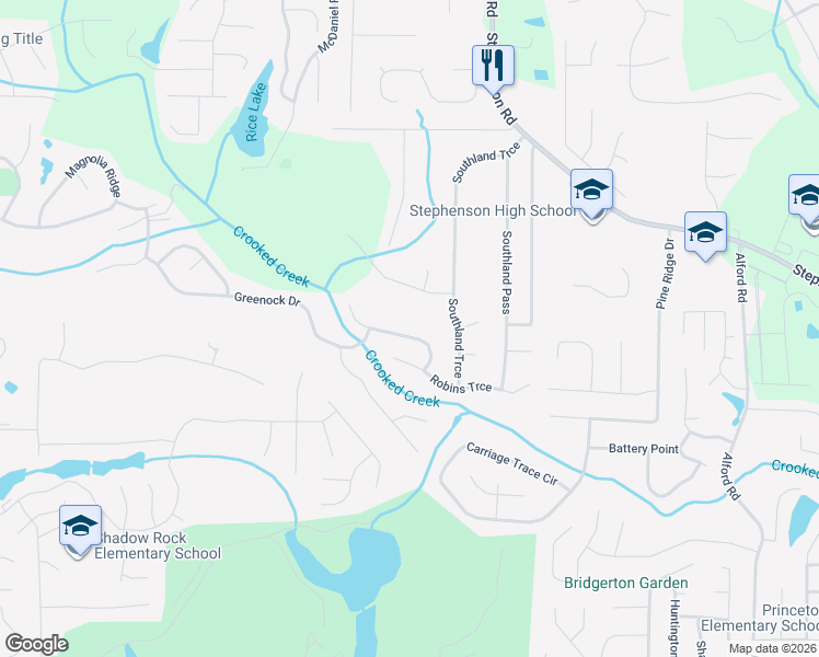 map of restaurants, bars, coffee shops, grocery stores, and more near 6596 Norcliffe Drive in Stone Mountain