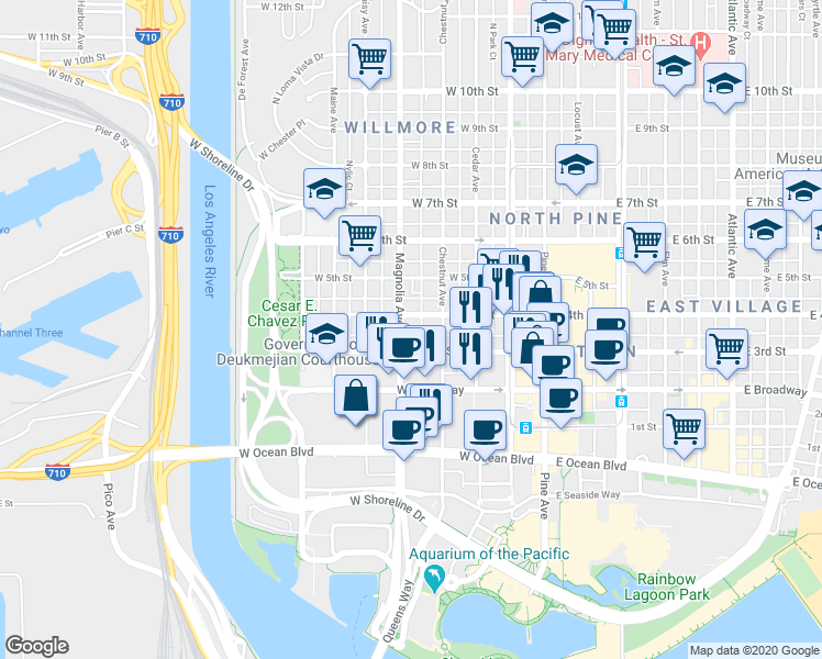 map of restaurants, bars, coffee shops, grocery stores, and more near 336 Magnolia Avenue in Long Beach