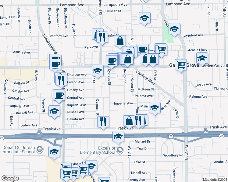 map of restaurants, bars, coffee shops, grocery stores, and more near 10391 Mildred Avenue in Garden Grove