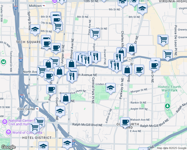 map of restaurants, bars, coffee shops, grocery stores, and more near North Avenue Northeast & Central Park Place Northeast in Atlanta