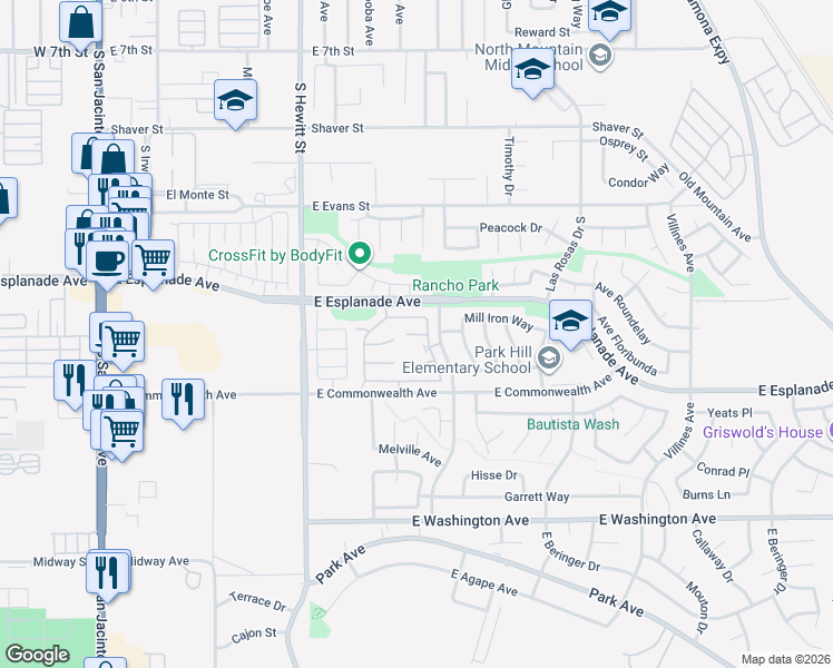 map of restaurants, bars, coffee shops, grocery stores, and more near 841 Perla Court in San Jacinto