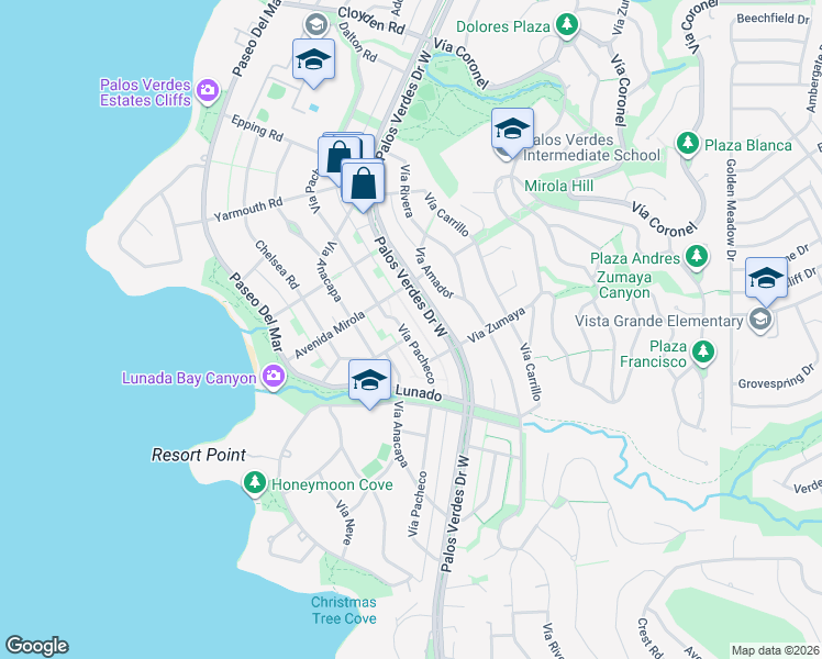 map of restaurants, bars, coffee shops, grocery stores, and more near 2524 Vía Pacheco in Palos Verdes Estates