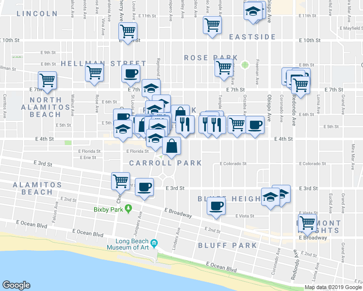 map of restaurants, bars, coffee shops, grocery stores, and more near 2420 East 4th Street in Long Beach