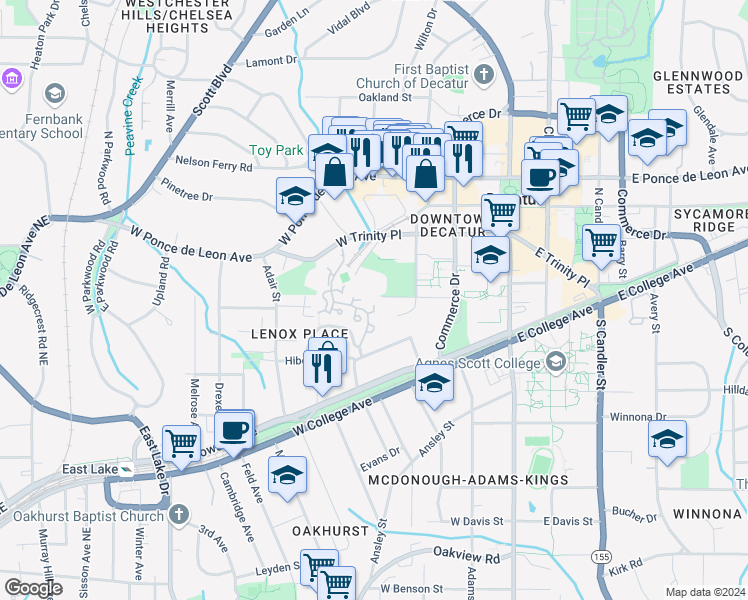 map of restaurants, bars, coffee shops, grocery stores, and more near 105 Mary Gay Court in Decatur