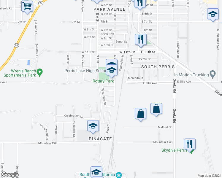map of restaurants, bars, coffee shops, grocery stores, and more near 332 Red Cedar Place in Perris