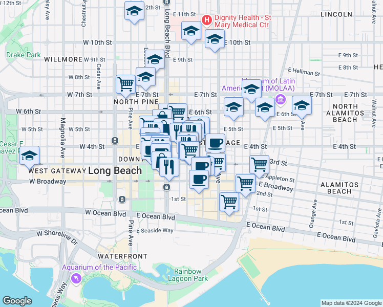 map of restaurants, bars, coffee shops, grocery stores, and more near 338 Elm Avenue in Long Beach