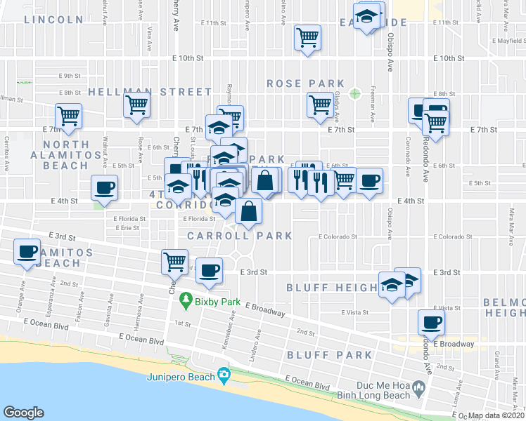 map of restaurants, bars, coffee shops, grocery stores, and more near 2420 East 4th Street in Long Beach
