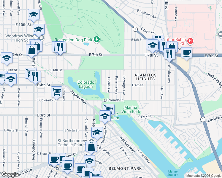 map of restaurants, bars, coffee shops, grocery stores, and more near 379 Orlena Avenue in Long Beach
