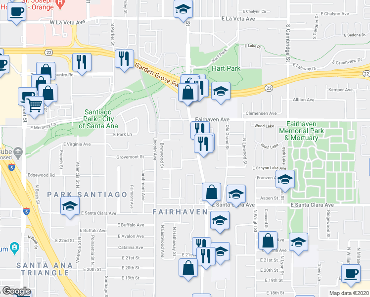 map of restaurants, bars, coffee shops, grocery stores, and more near 2517 North Hathaway Street in Santa Ana