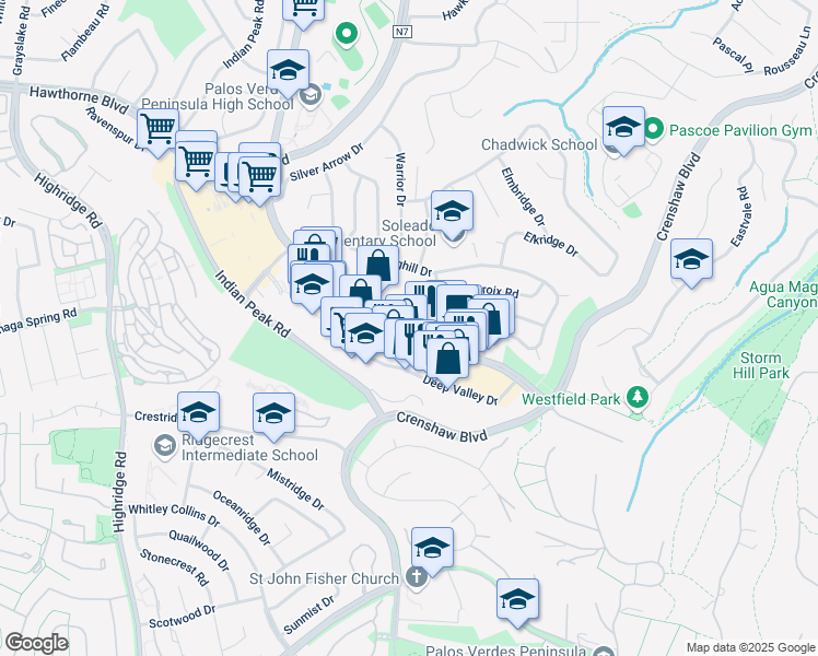 map of restaurants, bars, coffee shops, grocery stores, and more near 734 Silver Spur Road in Rolling Hills Estates