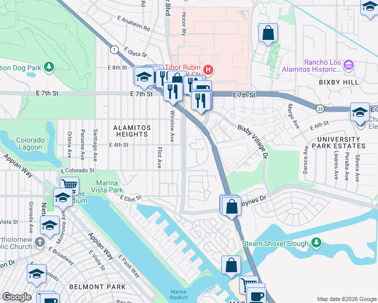 map of restaurants, bars, coffee shops, grocery stores, and more near 448 North Bellflower Boulevard in Long Beach