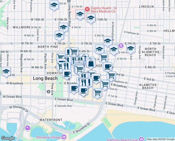 map of restaurants, bars, coffee shops, grocery stores, and more near in Long Beach