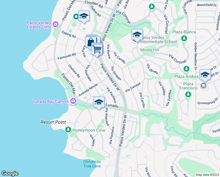 map of restaurants, bars, coffee shops, grocery stores, and more near 2524 Vía Pacheco in Palos Verdes Estates