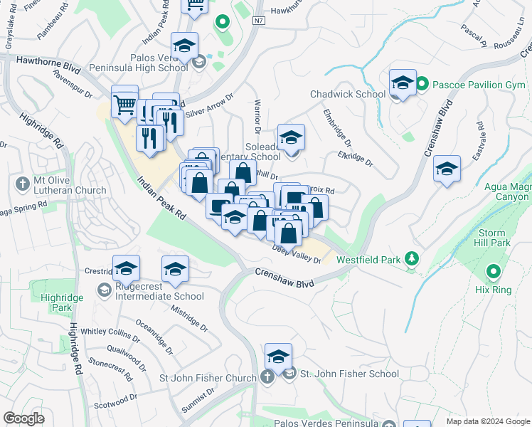 map of restaurants, bars, coffee shops, grocery stores, and more near 734 Silver Spur Road in Rolling Hills Estates
