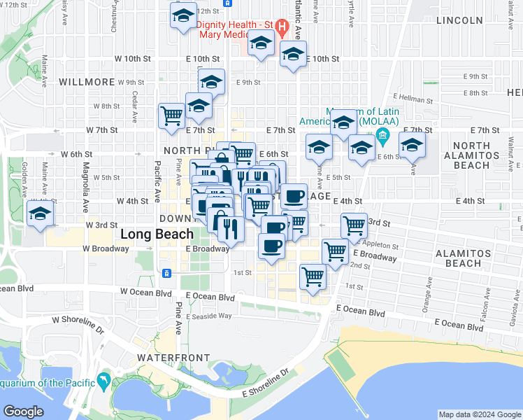 map of restaurants, bars, coffee shops, grocery stores, and more near 338 Elm Avenue in Long Beach