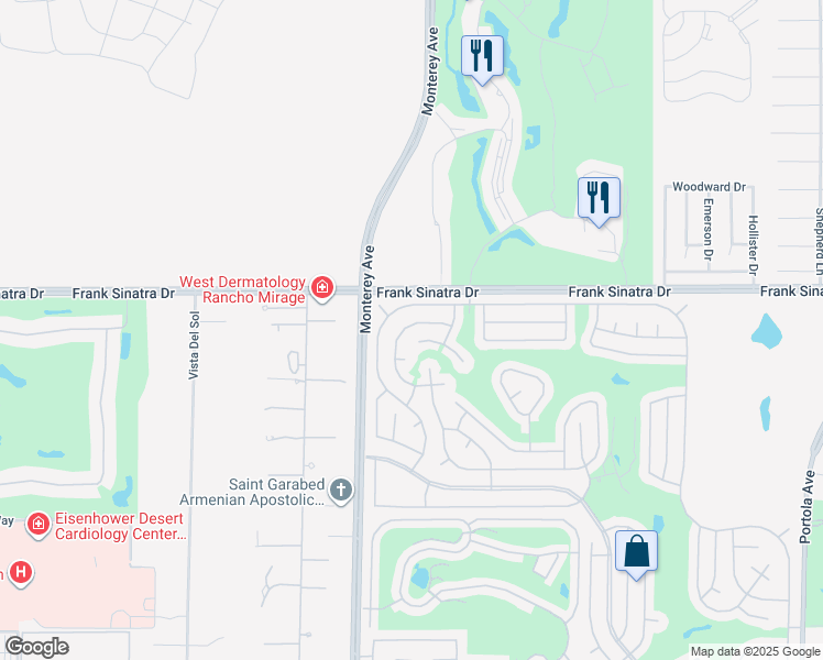 map of restaurants, bars, coffee shops, grocery stores, and more near 38231 Devils Canyon Drive in Palm Desert