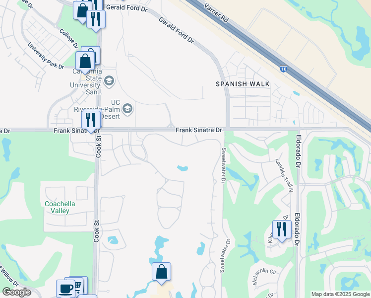 map of restaurants, bars, coffee shops, grocery stores, and more near 463 Desert Falls Drive East in Palm Desert