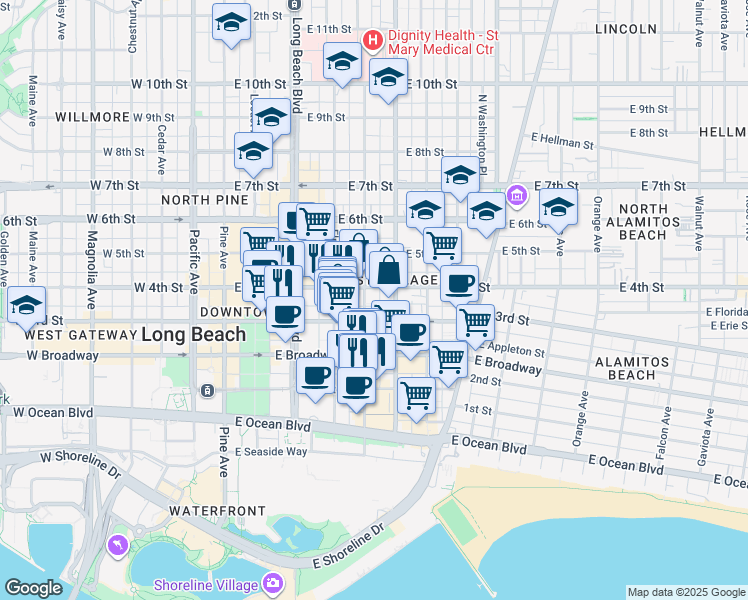map of restaurants, bars, coffee shops, grocery stores, and more near 317 Linden Avenue in Long Beach