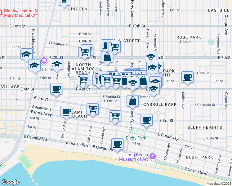 map of restaurants, bars, coffee shops, grocery stores, and more near 1738 East 4th Street in Long Beach