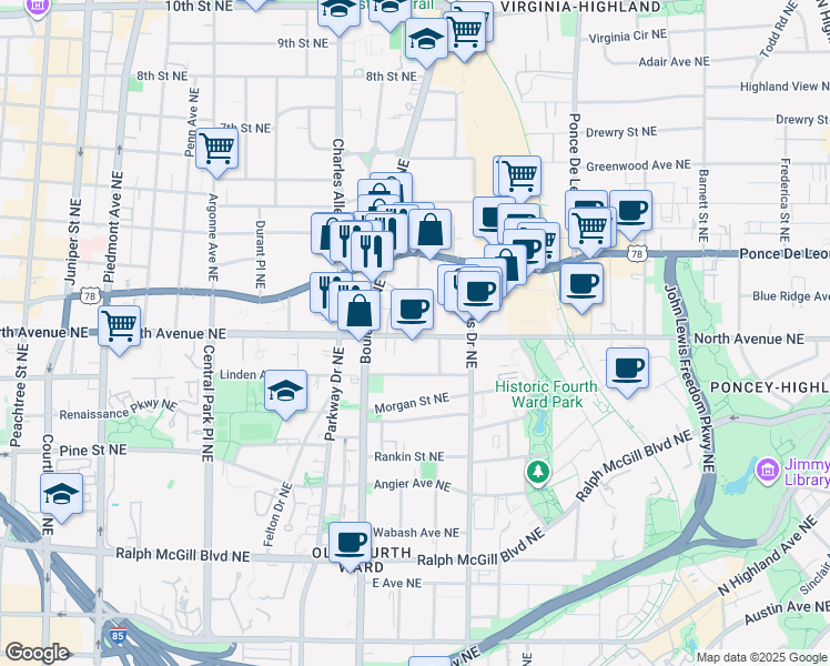map of restaurants, bars, coffee shops, grocery stores, and more near 511 North Avenue Northeast in Atlanta